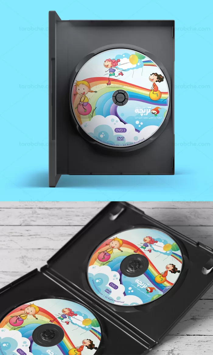 طرح لایه باز لیبل DVD و CD کودکان خوشحال و رنگین کمان رایگان