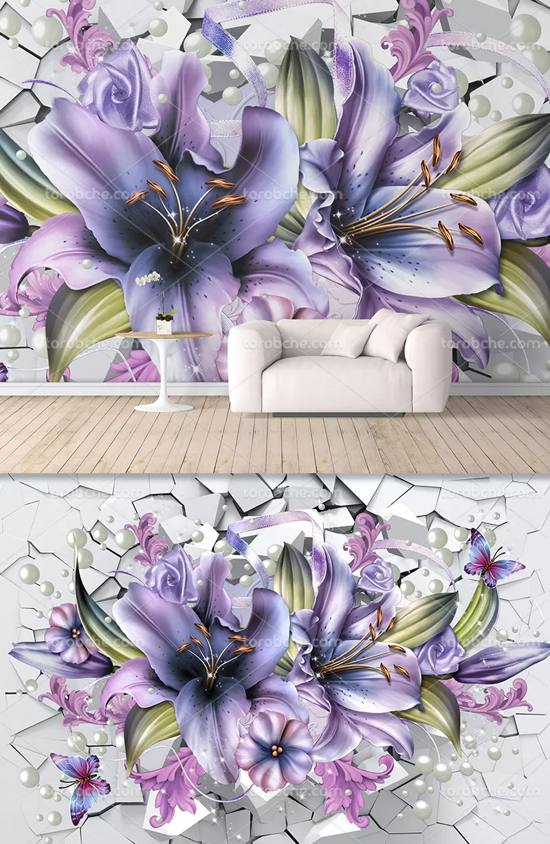 کاغذ دیواری گل بنفش سه بعدی