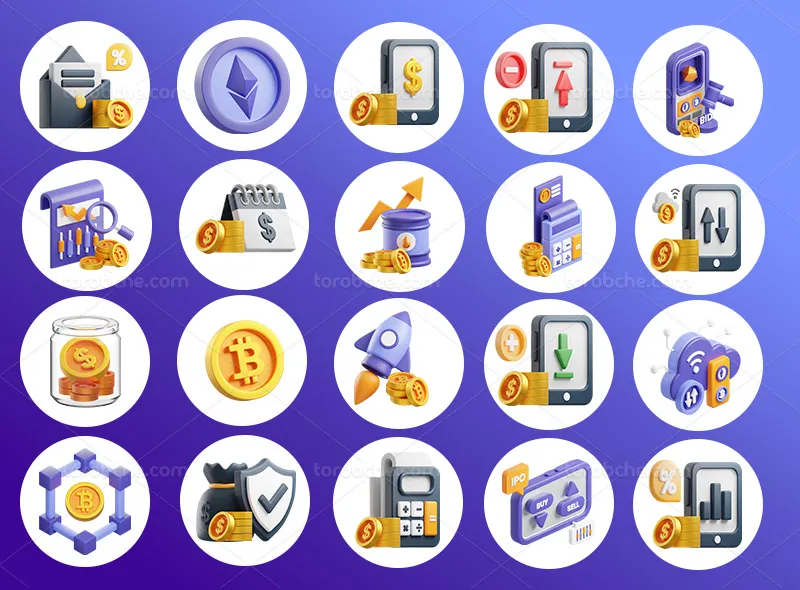 40 آیکون سه بعدی ارز دیجیتال