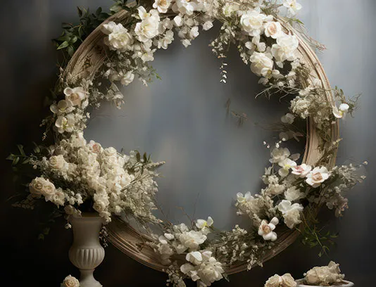 بک دراپ عکاسی حلقه گل سفید با برگ