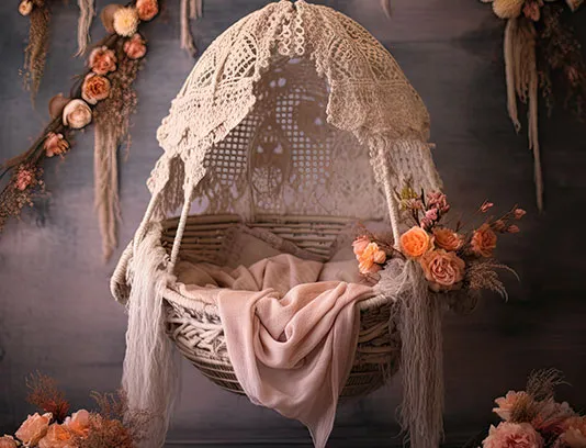 بک دراپ عکاسی کودک با گل های نارنجی