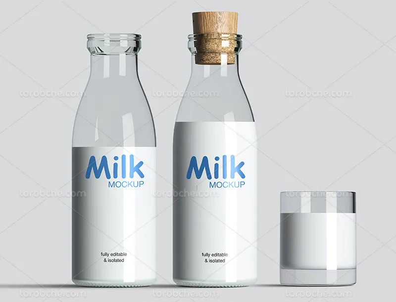 موکاپ بطری شیر و لیوان شیشه ای