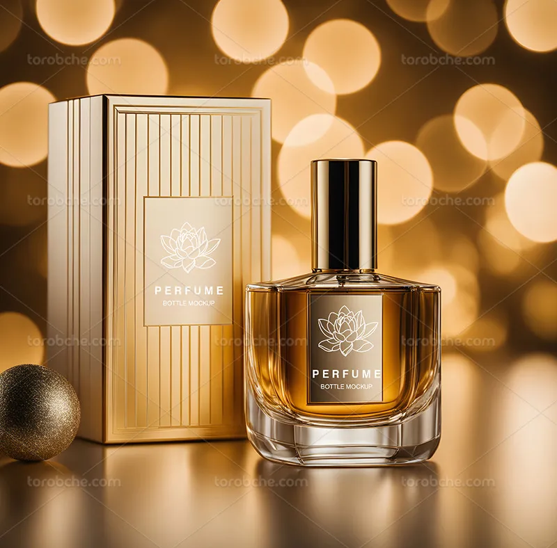 موکاپ لایه باز عطر شیشه ای با جعبه