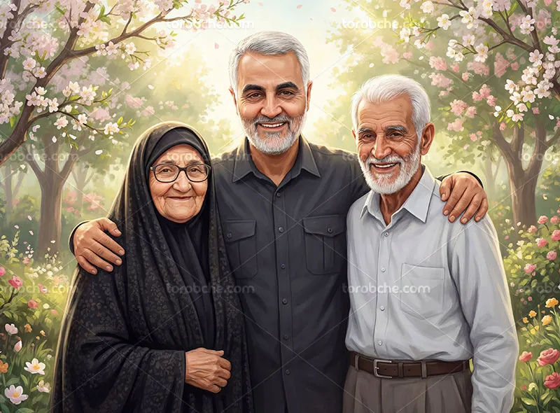 نقاشی دیجیتال سردار شهید حاج قاسم سلیمانی در کنار پدر و مادر