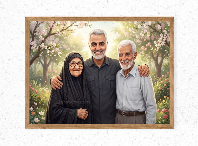 نقاشی دیجیتال سردار شهید حاج قاسم سلیمانی در کنار پدر و مادر