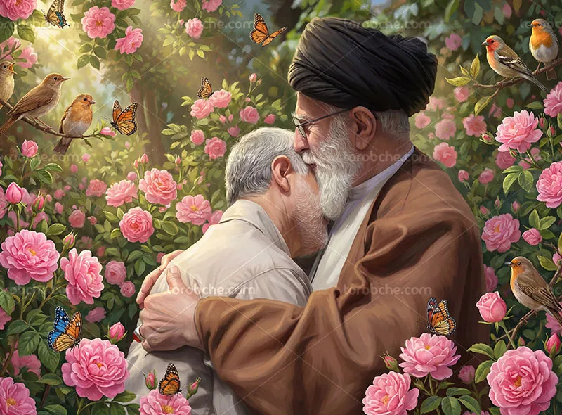 طرح نقاشی دیجیتال سردار سلیمانی در آغوش رهبری