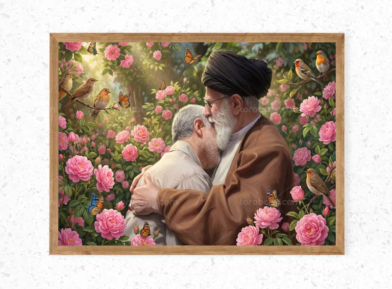طرح نقاشی دیجیتال سردار سلیمانی در آغوش رهبری
