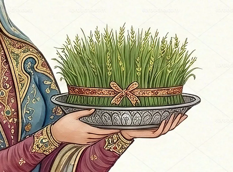 نقاشی دیجیتال زن مینیاتوری و سبزه نوروزی