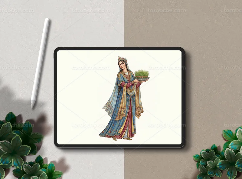 نقاشی دیجیتال زن مینیاتوری و سبزه نوروزی