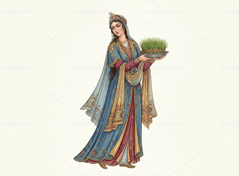 نقاشی دیجیتال زن مینیاتوری و سبزه نوروزی