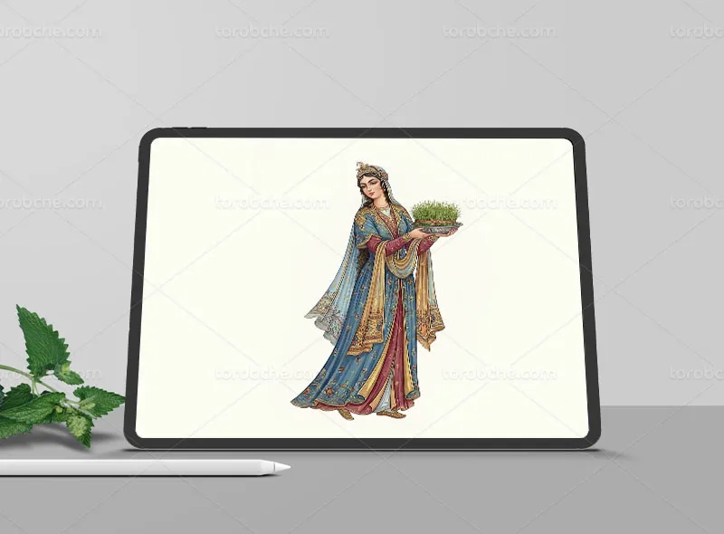 نقاشی دیجیتال زن مینیاتوری و سبزه نوروزی