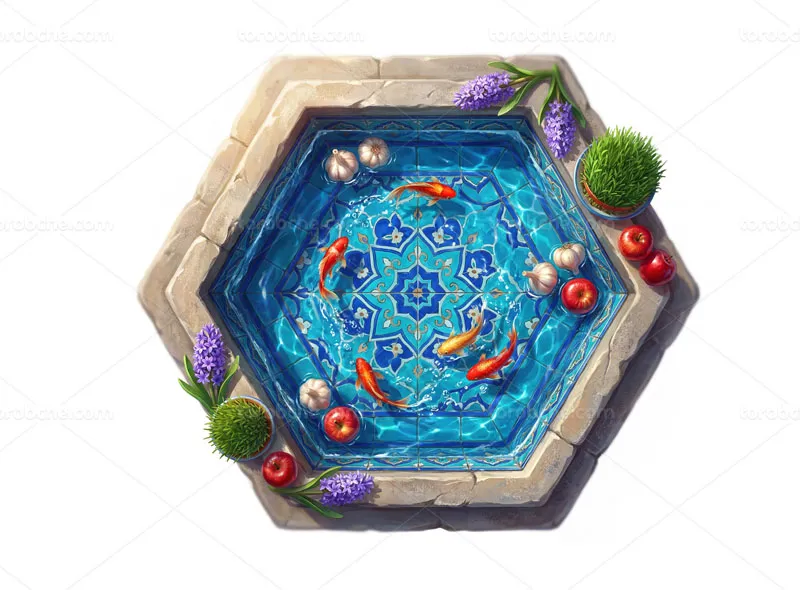 نقاشی دیجیتال حوض ماهی و سیب