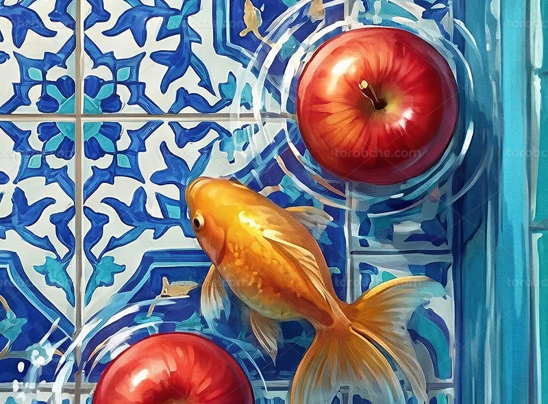 طرح نقاشی دیجیتال حوض ماهی و سیب