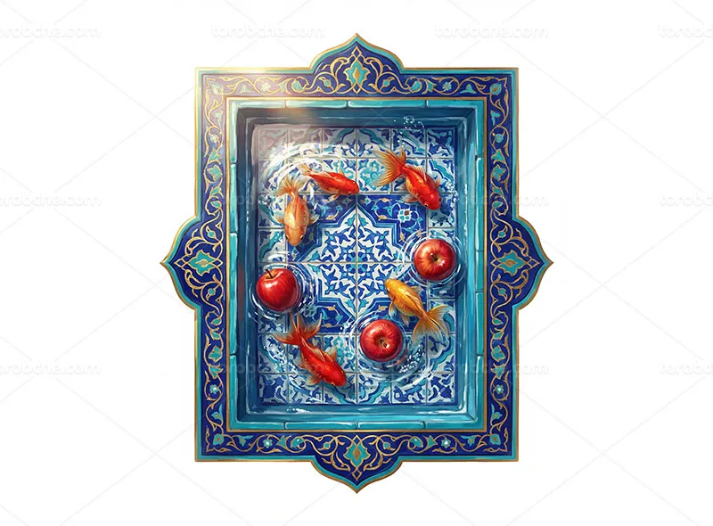 طرح نقاشی دیجیتال حوض ماهی و سیب